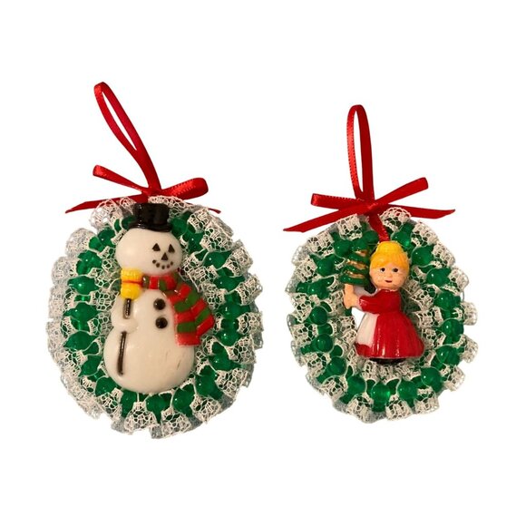 Vintage Christmas Handmade Kitschy Beaded Ornaments Snowman And Mrs. Claus - Picture 1 of 3